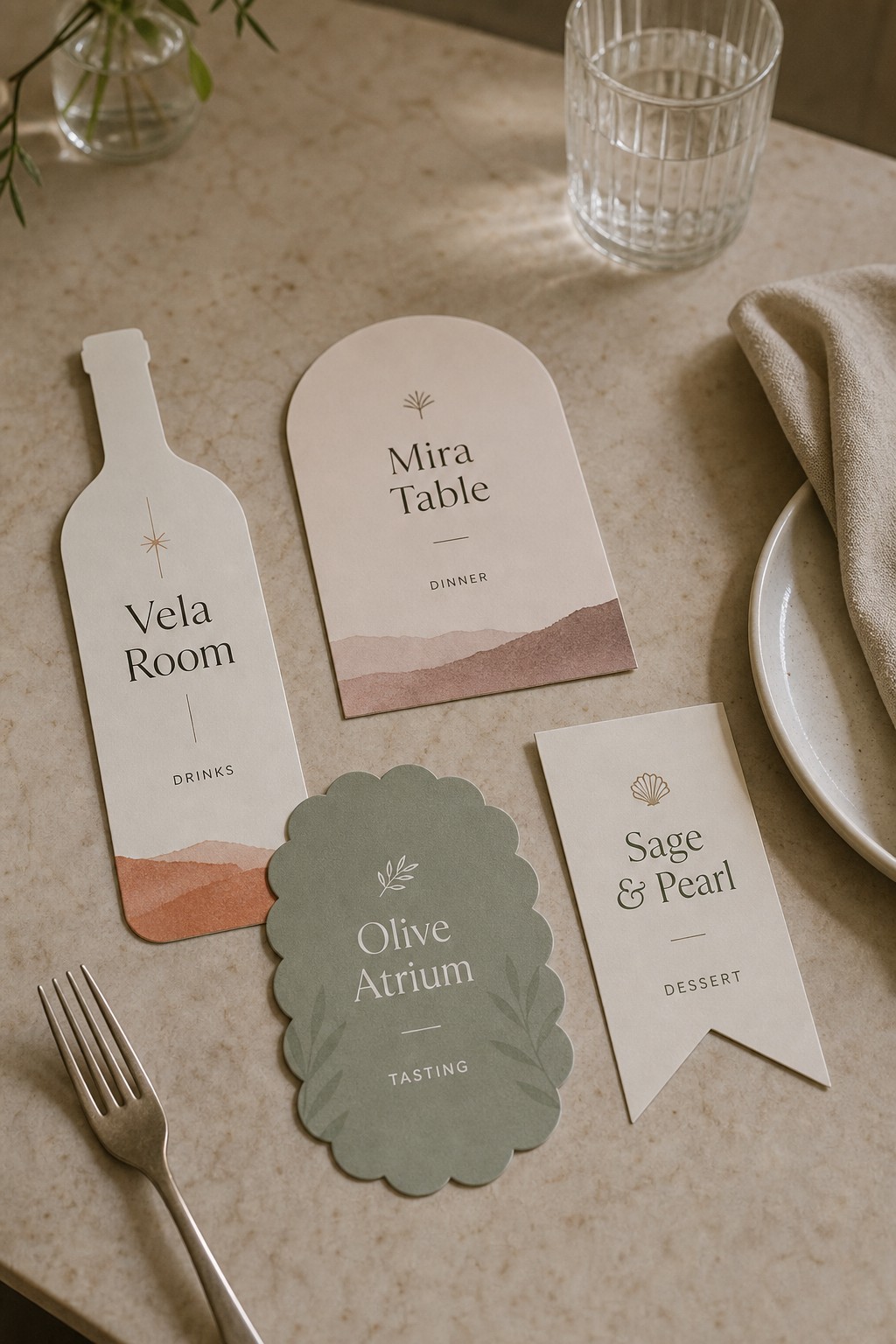 Assorted die-cut menu shapes · 300gsm matte stock · full-colour print · matte or gloss laminate