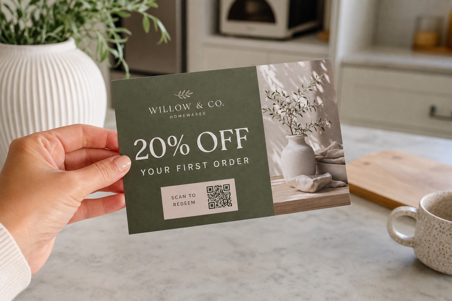 A hand holding a printed A5 postcard featuring a bold headline offer and a QR code