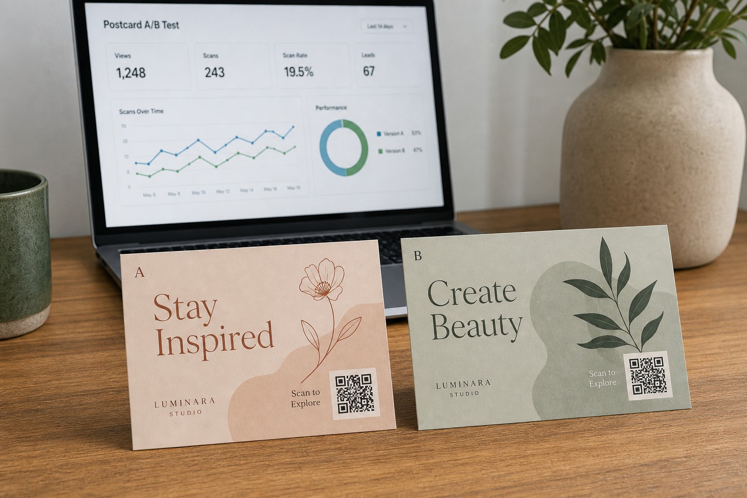 A printed postcard campaign laid out showing A/B test variations side by side