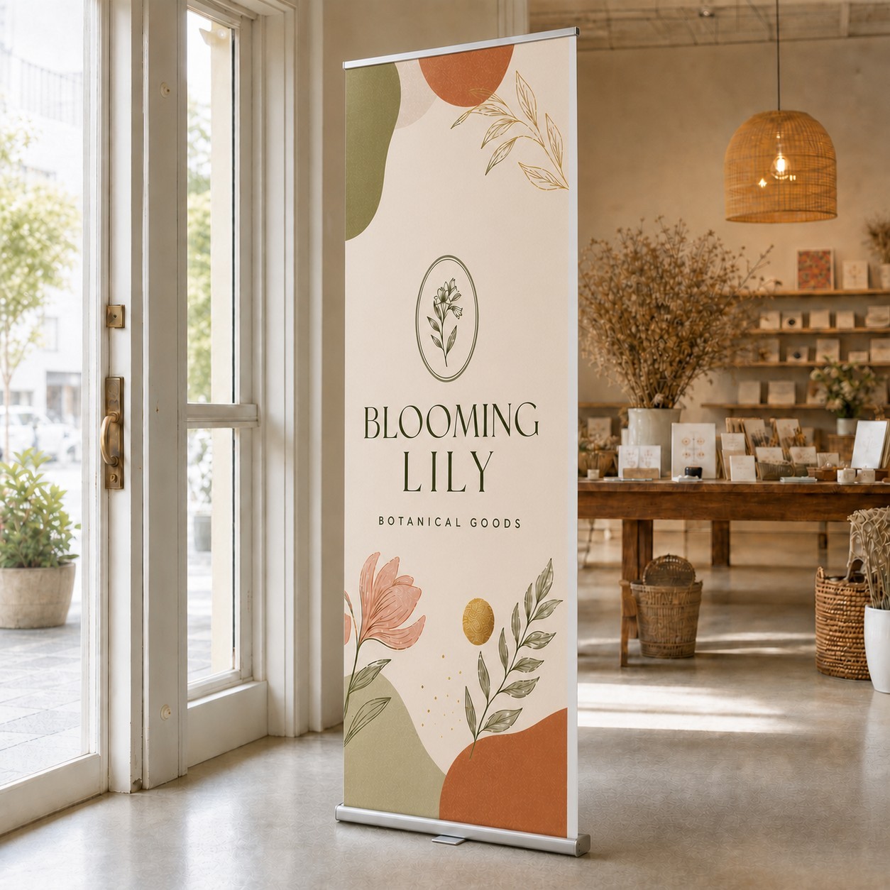 Printed retractable banner at a boutique entrance · full-colour print · matte finish · portable aluminium base