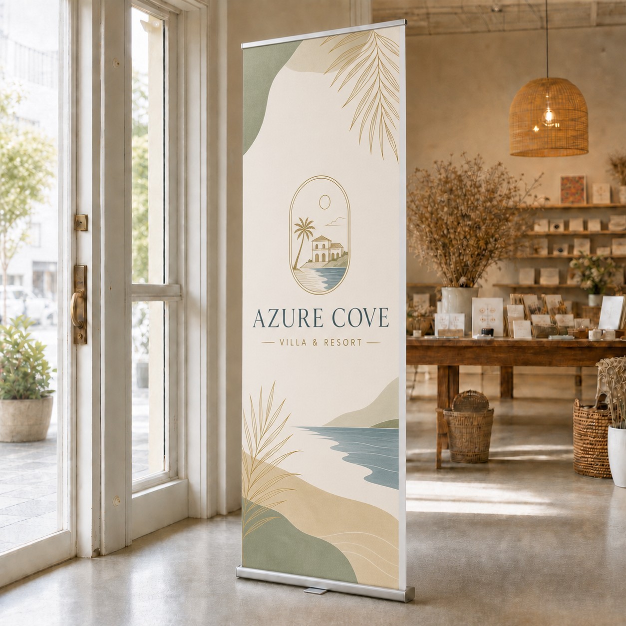 Retractable banner stand at a venue entrance · full-colour print · matte finish · 850mm x 2100mm panel