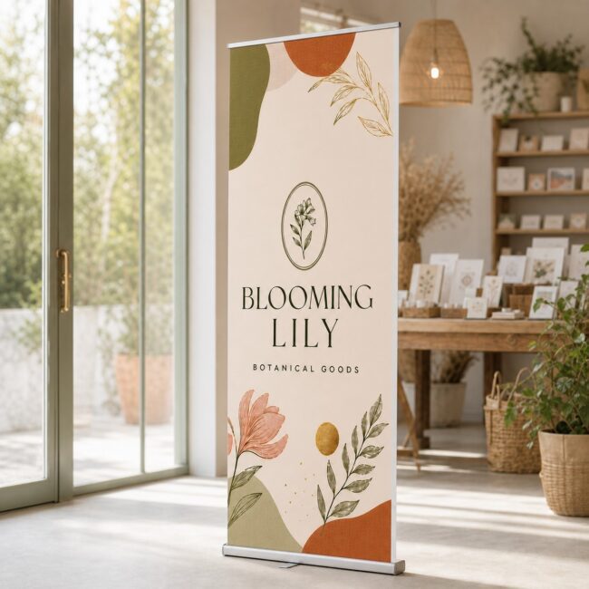 Double-sided retractable banner stand · 850mm x 2100mm printed panels · anodised aluminium cassette base · full-colour matte print