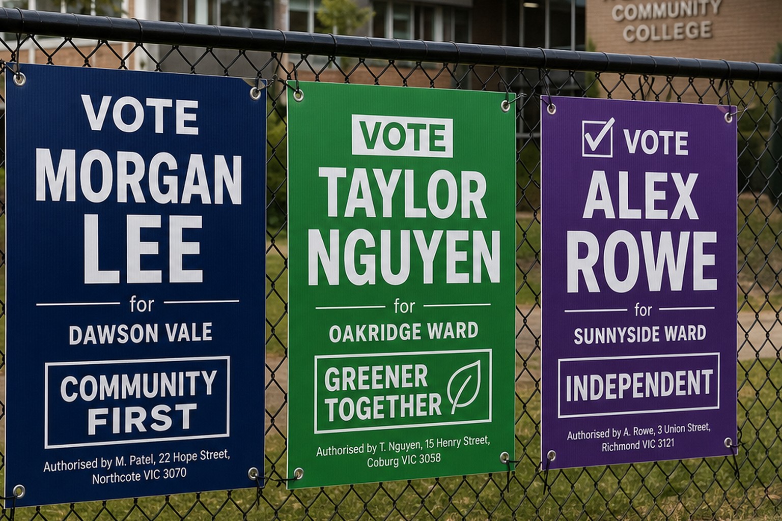 Corflute election signs zip-tied to a suburban chain-link fence, each showing candidate branding and an authorisation line at the base
