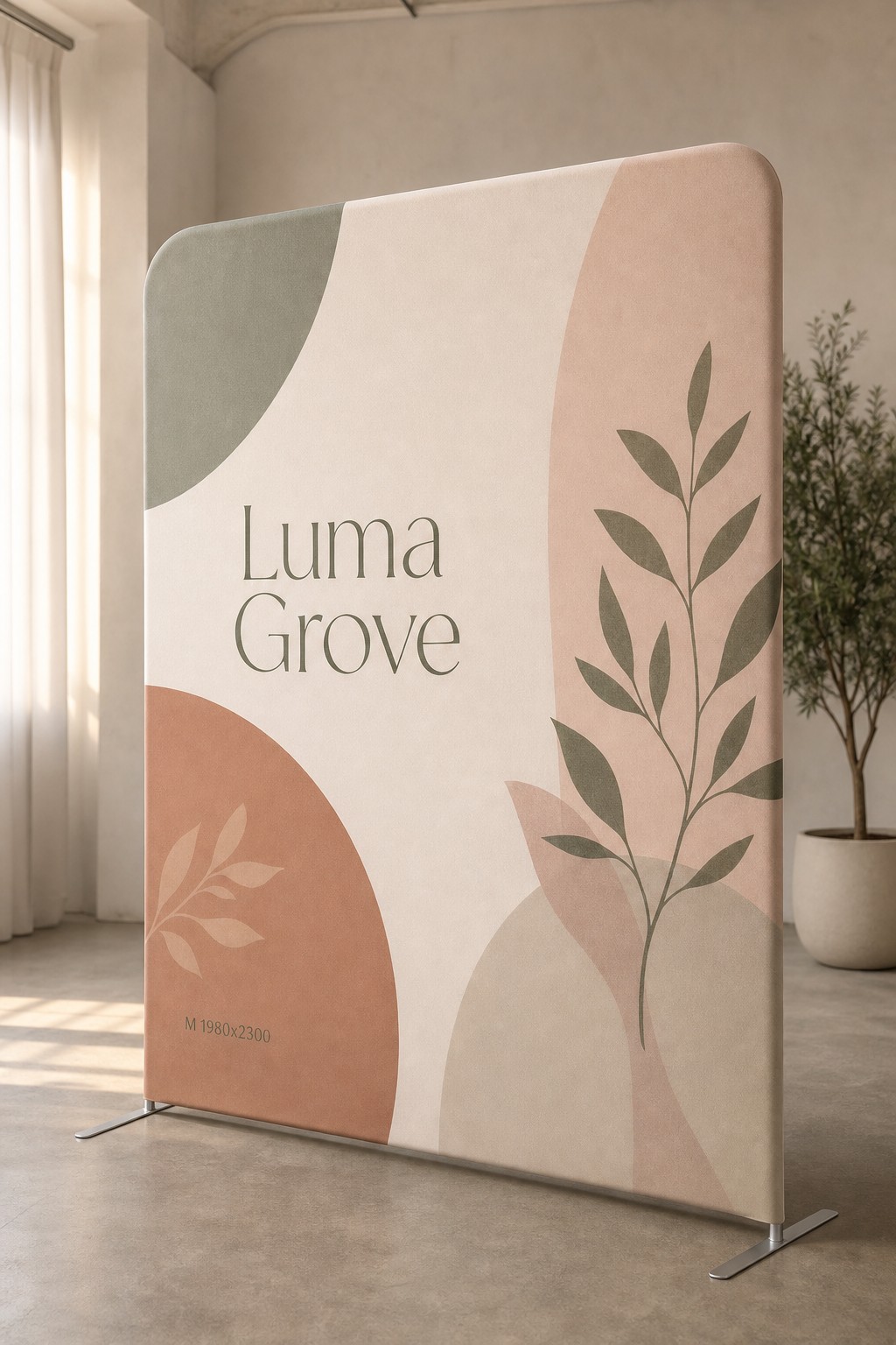 Media wall corner detail · 250gsm stretch polyester over curved aluminium tube frame · dye-sublimation full-colour print · matte finish · fabric pillowcased taut over the softly rounded corner