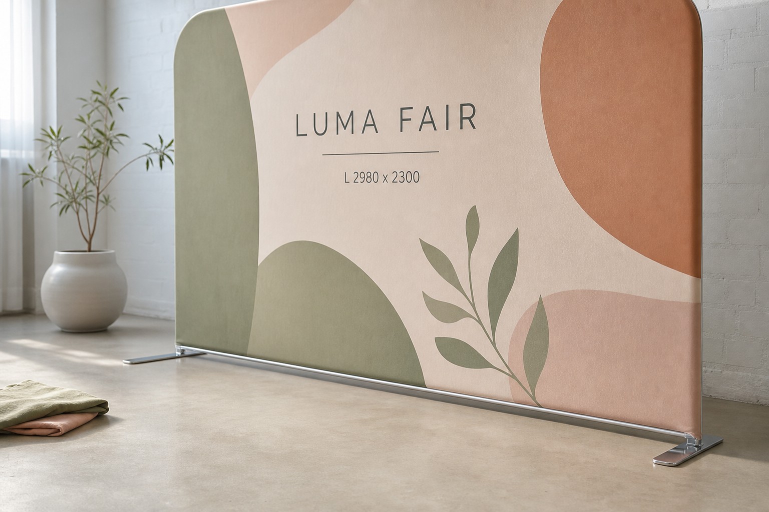 Media wall base and feet · aluminium tube frame with 250gsm stretch polyester skin · dye-sublimation full-colour print · matte finish · two slim silver feet rest flat at each end