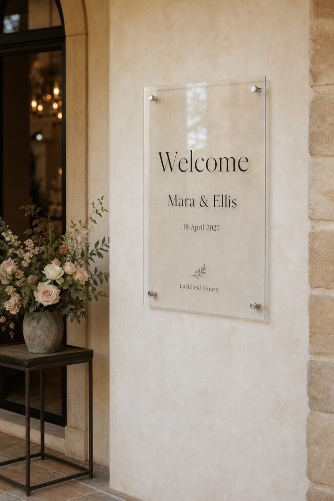 Acrylic welcome sign · 3mm clear cast acrylic · digital print · standoff-mounted floating panel