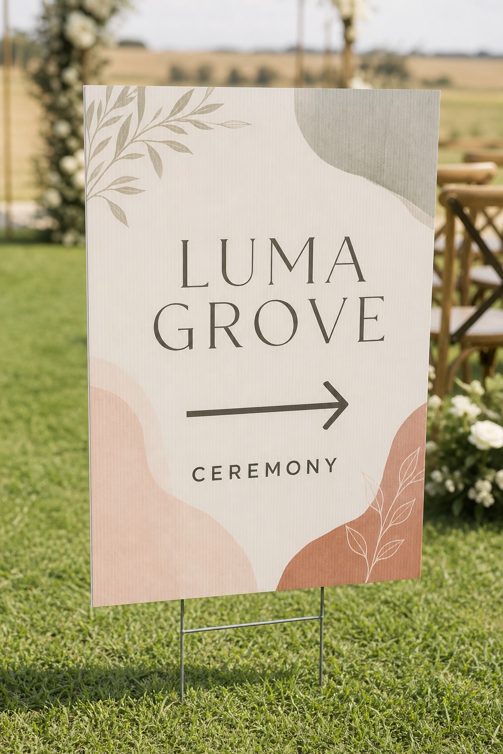 Corflute directional sign · 3mm or 5mm TEKflute corflute · full-colour digital print · weatherproof matte finish · H-stake ground mount