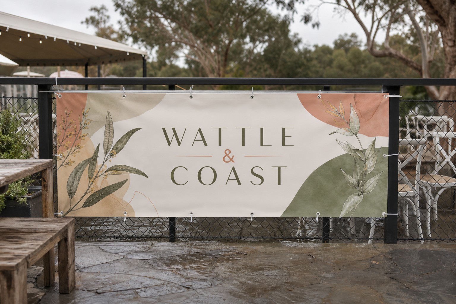 PVC vinyl outdoor banner · smooth PVC substrate · solvent or latex print · glossy finish · hemmed edges with eyelets, cable-tied to a railing