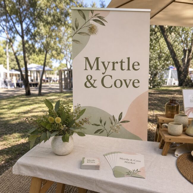 Market stall package · pull-up banner and 300gsm business cards · full-colour print · matte card finish · one coordinated boutique brand