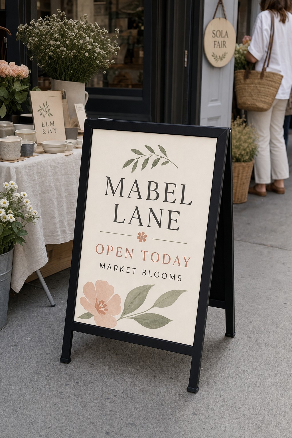 Corflute A-frame sandwich board · twin-wall corrugated polypropylene insert · UV-direct print · reusable aluminium snap-frame · footpath approach signage