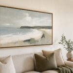 Gallery-wrapped canvas in an oak floating frame with a visible shadow gap