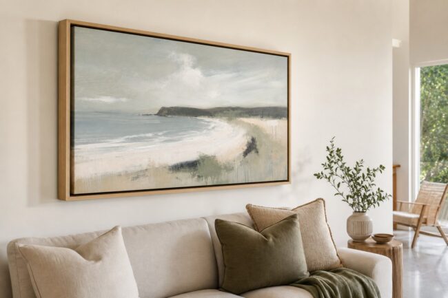 Gallery-wrapped canvas in an oak floating frame with a visible shadow gap