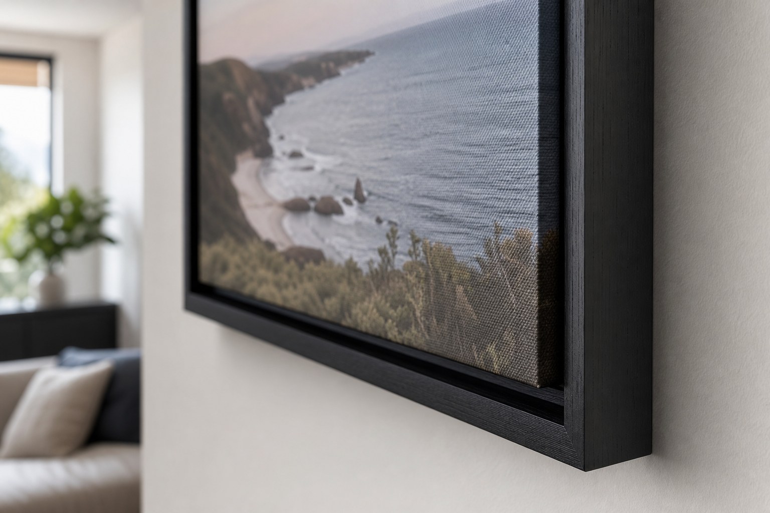 Macro of a floating frame canvas shadow gap showing the 38mm canvas depth