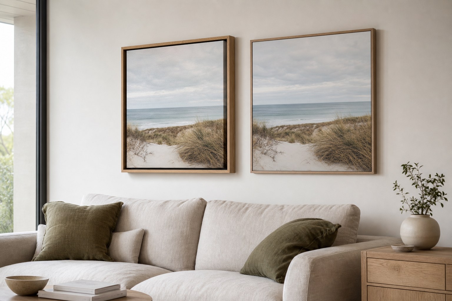 Oak floating frame canvas beside a standard framed print on the same wall