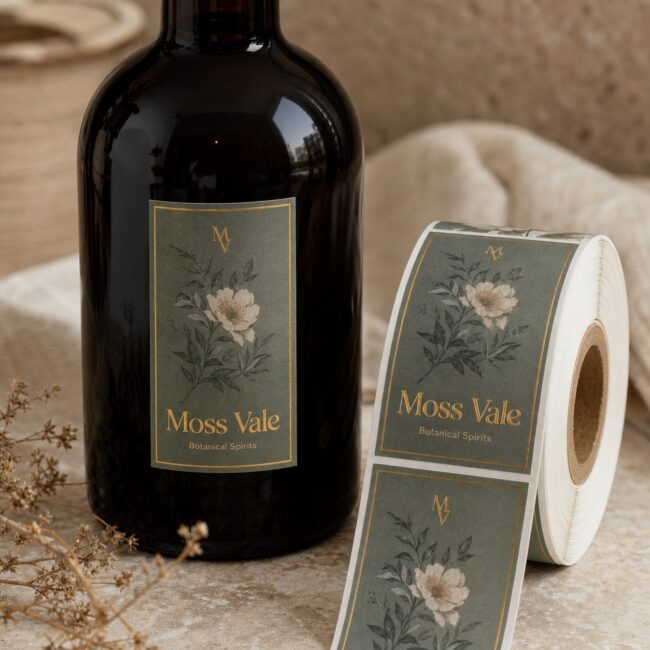Foil label on a spirits bottle · foil-on-CMYK process · full-colour print with gold metallic foil accents · matte label stock