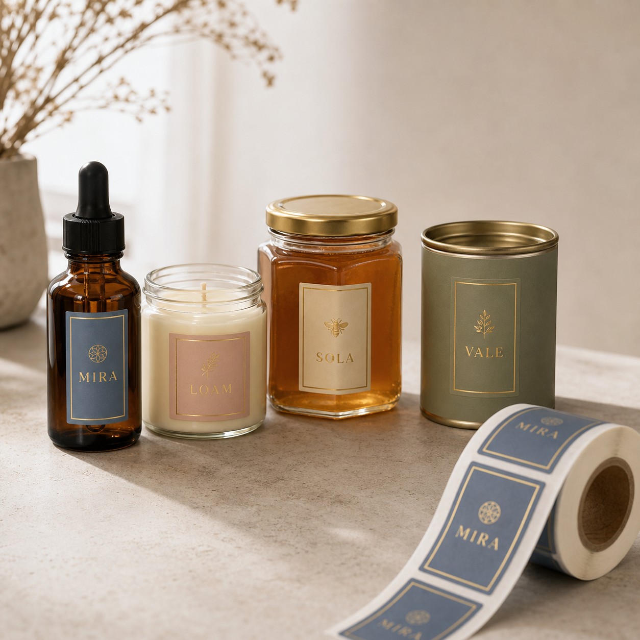 Foil product labels across a premium range · foil-on-CMYK process · full-colour print with gold foil accents · retail-ready finish