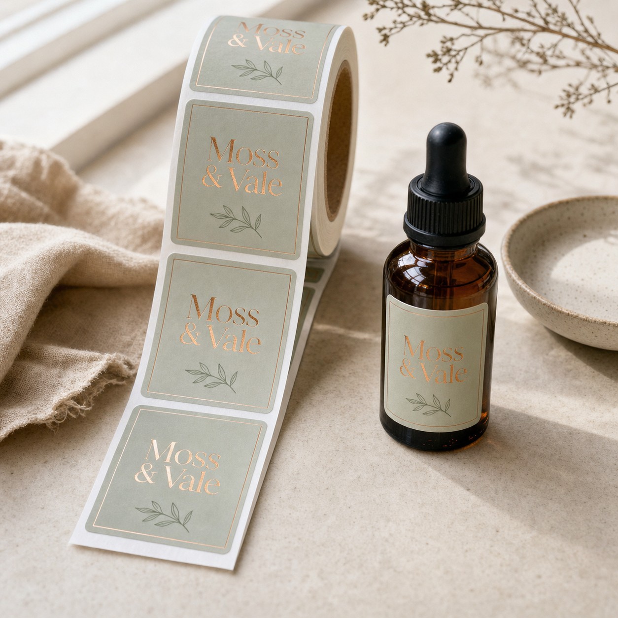 Foil labels supplied on the roll · matte label stock · full-colour print with hot-foil metallic accents