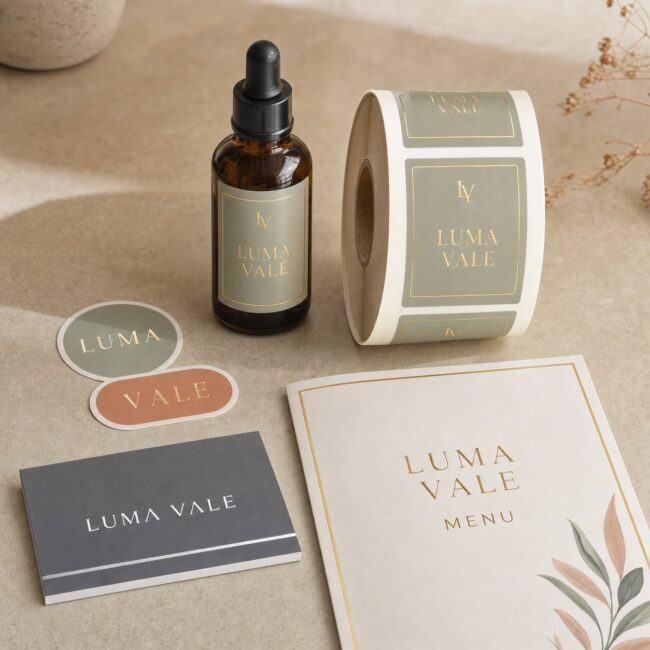 Foil-finished stationery spread · full-colour CMYK printed base · cold or hot foil · gold and silver metallic accents · one boutique brand