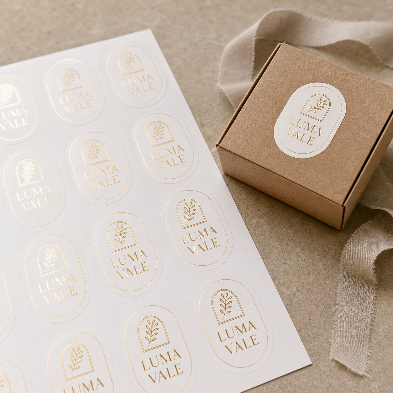 Foil stickers · white matte vinyl base · full-colour CMYK with gold foil · soft satin metallic sheen · one applied to a gift box