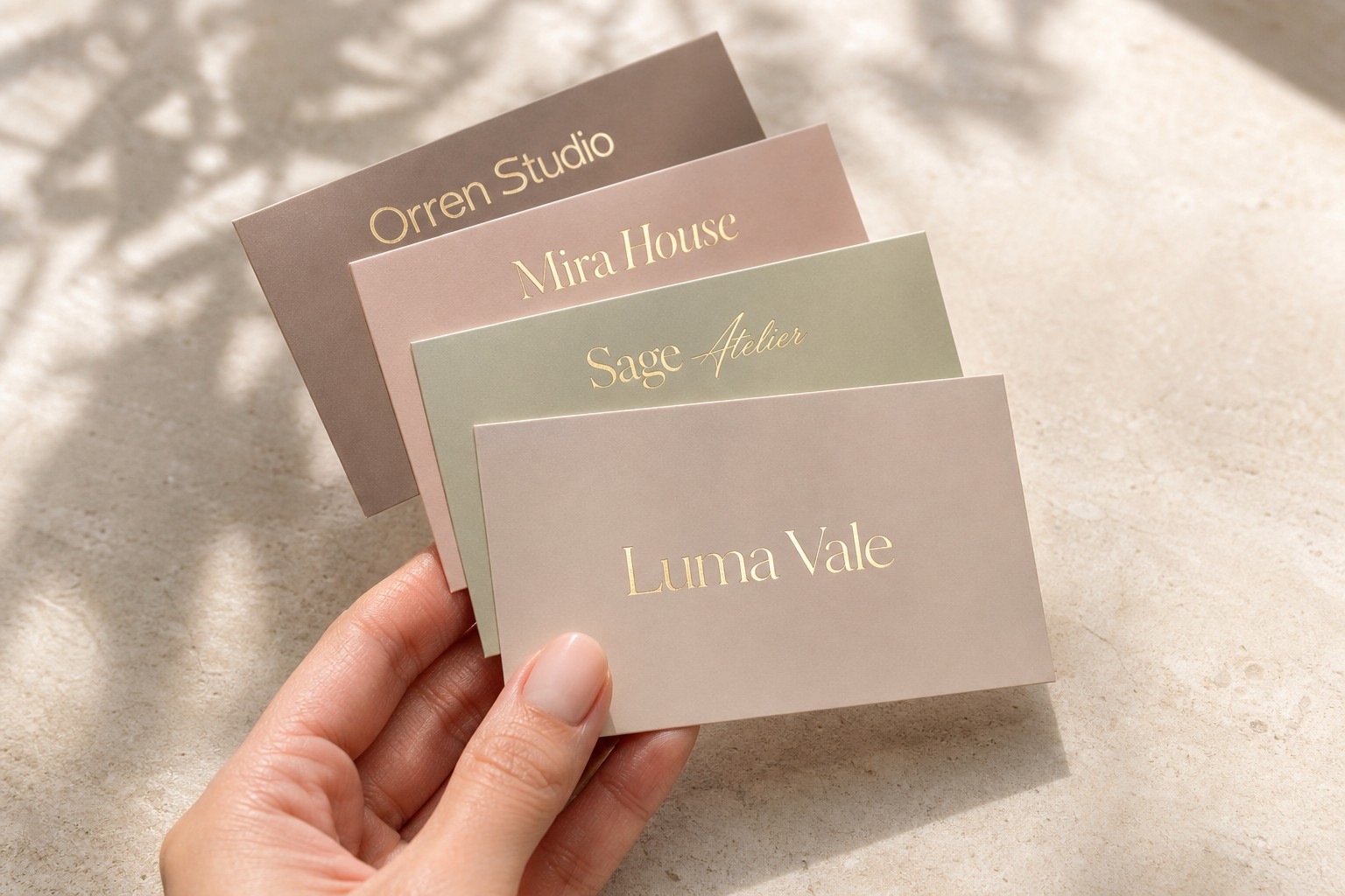 Foil business cards · smooth laminated stock · full-colour CMYK with flat foil · flush metallic wordmarks · raked directional light
