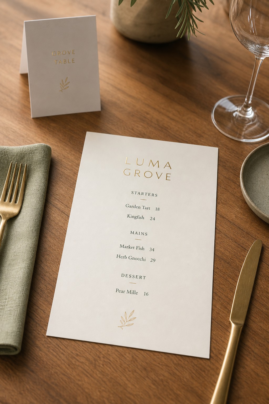 Foil menu card · premium card stock · full-colour CMYK with gold foil · flat metallic name accent · styled on a restaurant table