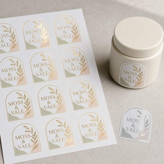 Foil vinyl stickers, gold metallic · metallic vinyl substrate · full-colour digital print · weatherproof gloss