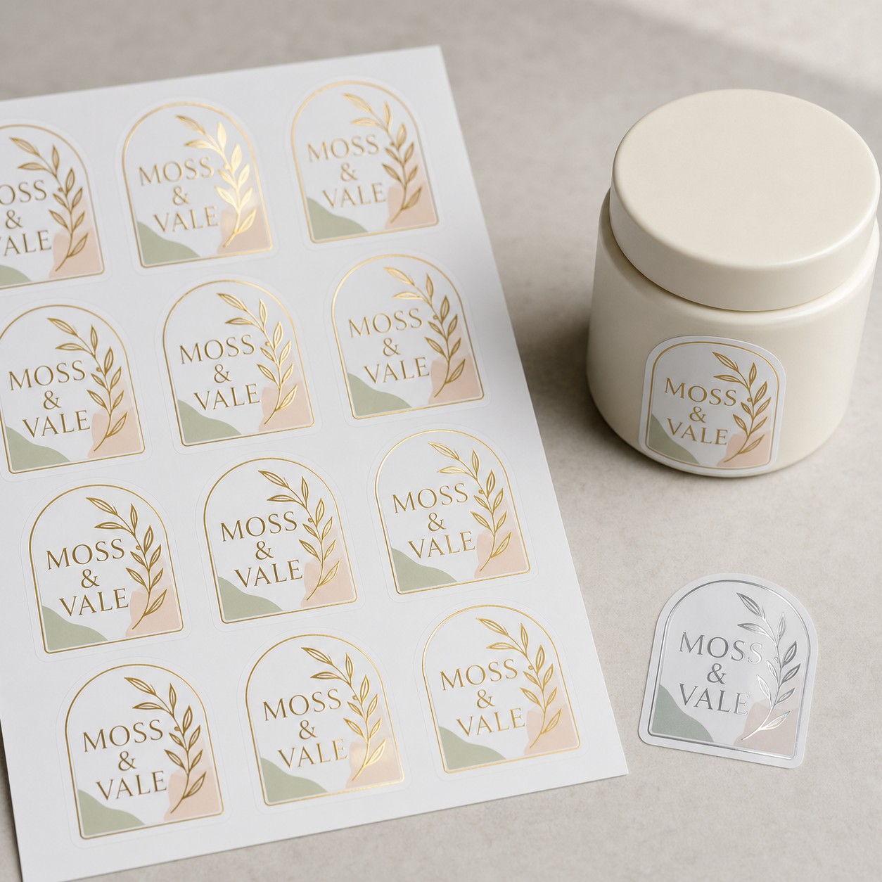 Foil vinyl stickers, gold metallic · metallic vinyl substrate · full-colour digital print · weatherproof gloss