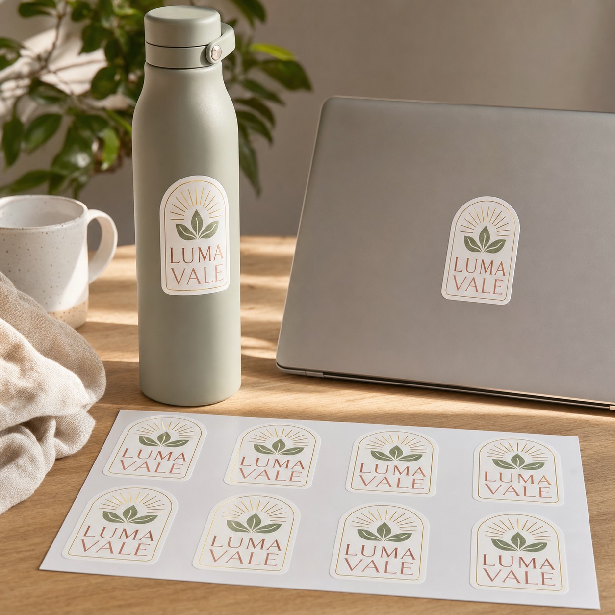 Foil vinyl decal on a reusable water bottle · metallic vinyl substrate · full-colour digital print · waterproof finish