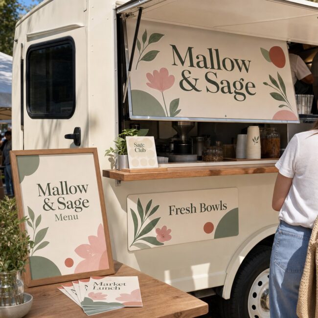 Food truck print kit · vinyl decals, laminated menu card, circle stickers and flyers · full-colour digital print · matte finish · one boutique brand across every surface