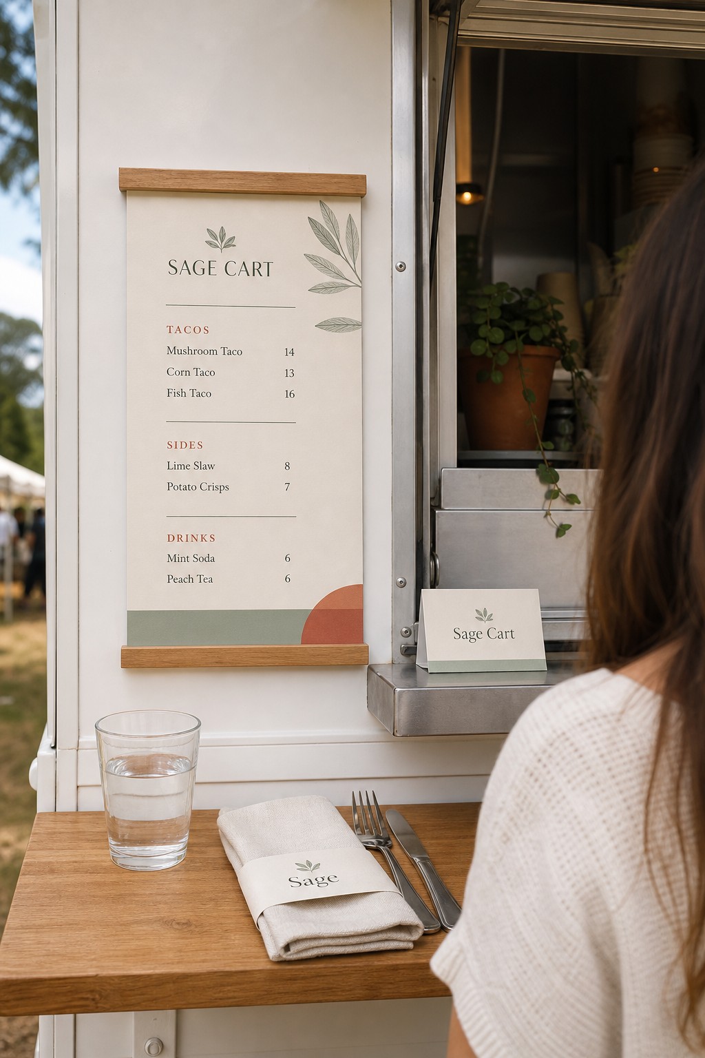 Truck menu board · 300gsm matte card · full-colour digital print · wipe-resistant laminate · mounted beside the serving window