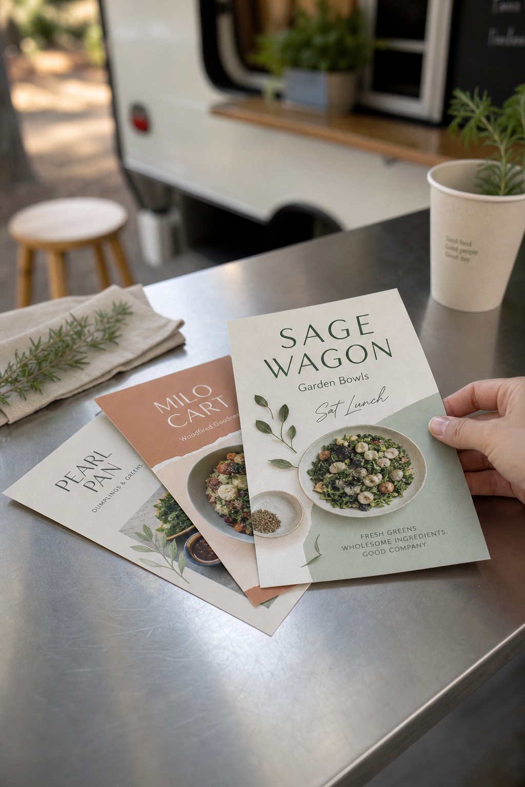 A5 flyers · silk paper stock · full-colour digital print · matte finish · boutique food-truck handout