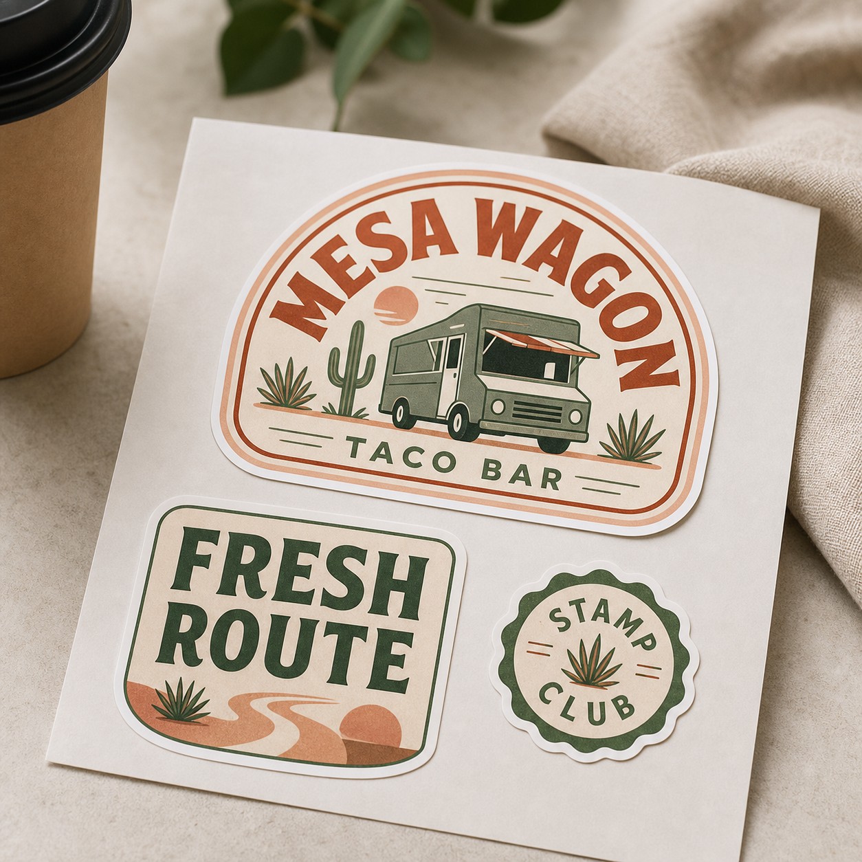 Die-cut loyalty stickers · 80-micron vinyl · full-colour digital print · matte laminate finish · boutique food-truck emblem