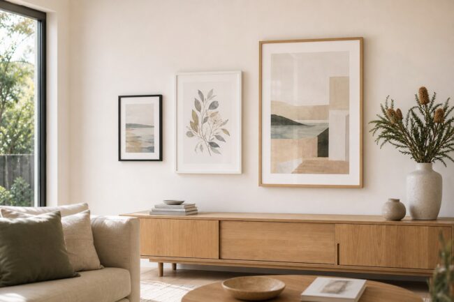 A4, A3 and A2 framed prints in black, white and oak frames grouped on a wall