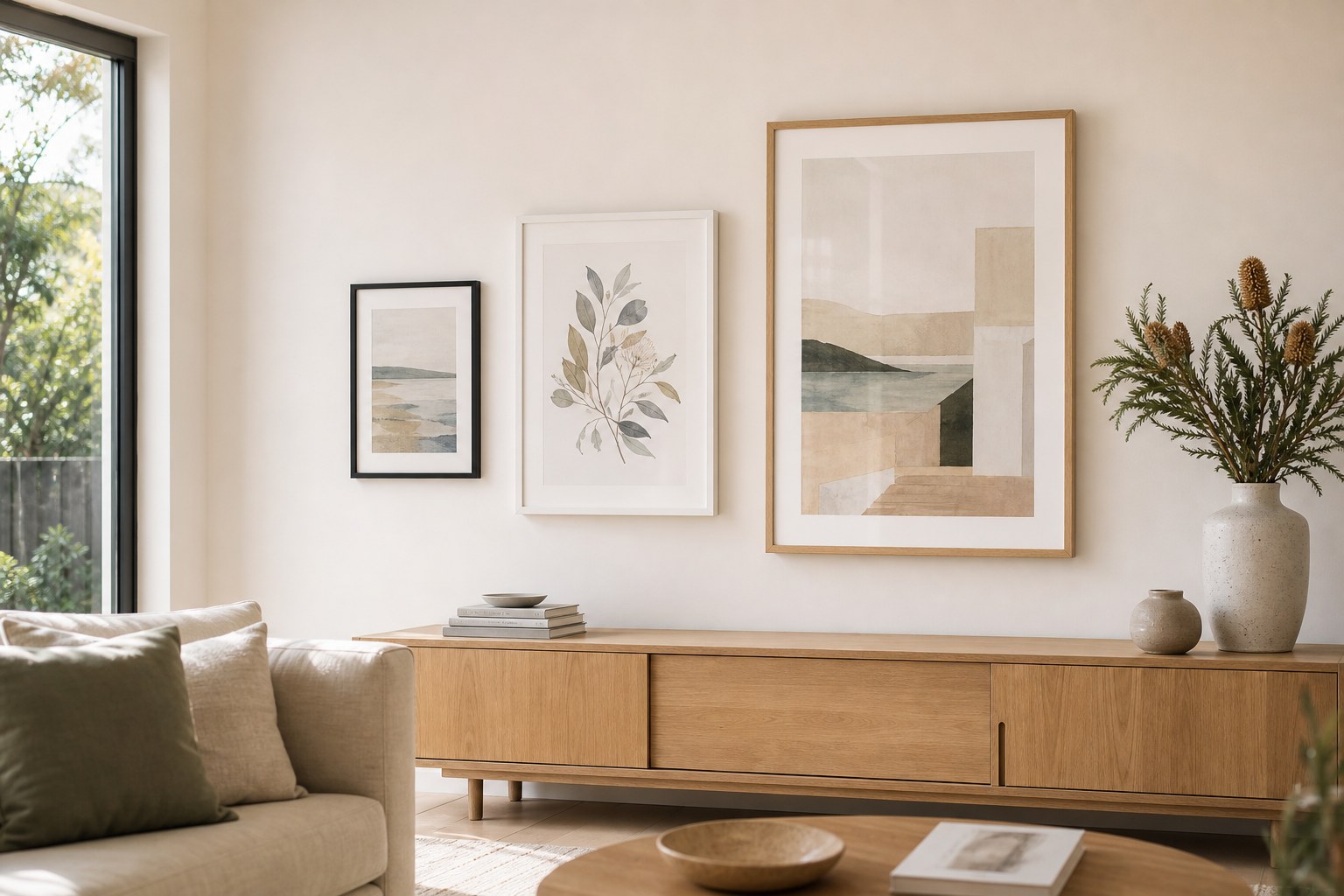A4, A3 and A2 framed prints in black, white and oak frames grouped on a wall