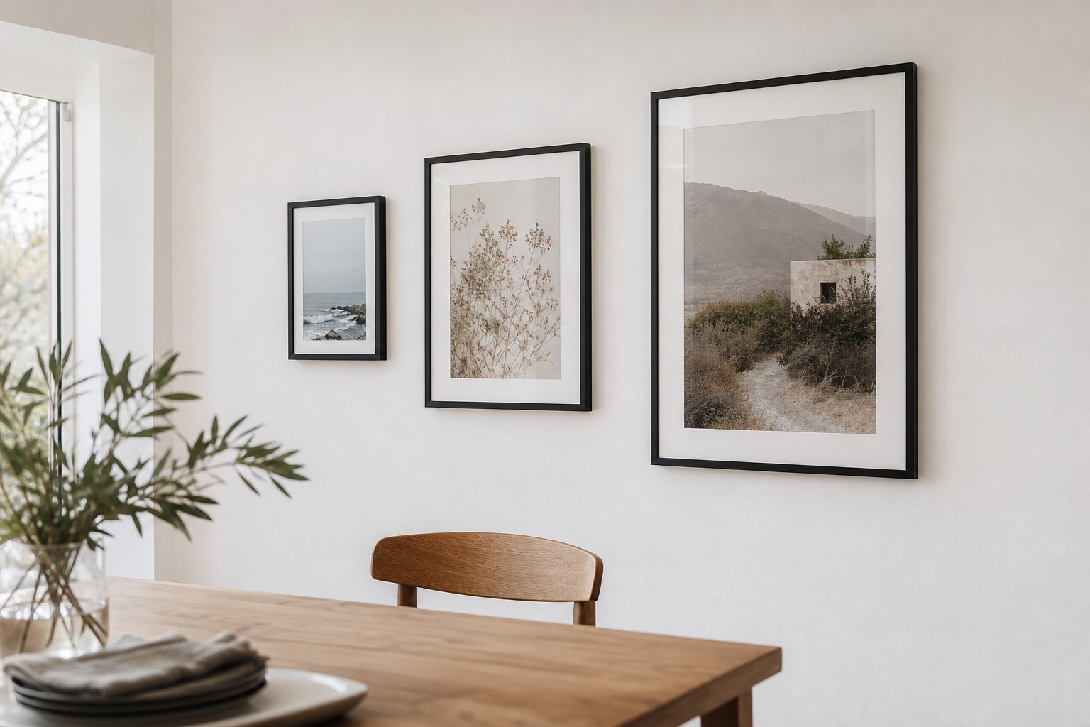 A4, A3 and A2 framed prints in matching black frames showing the size step-up