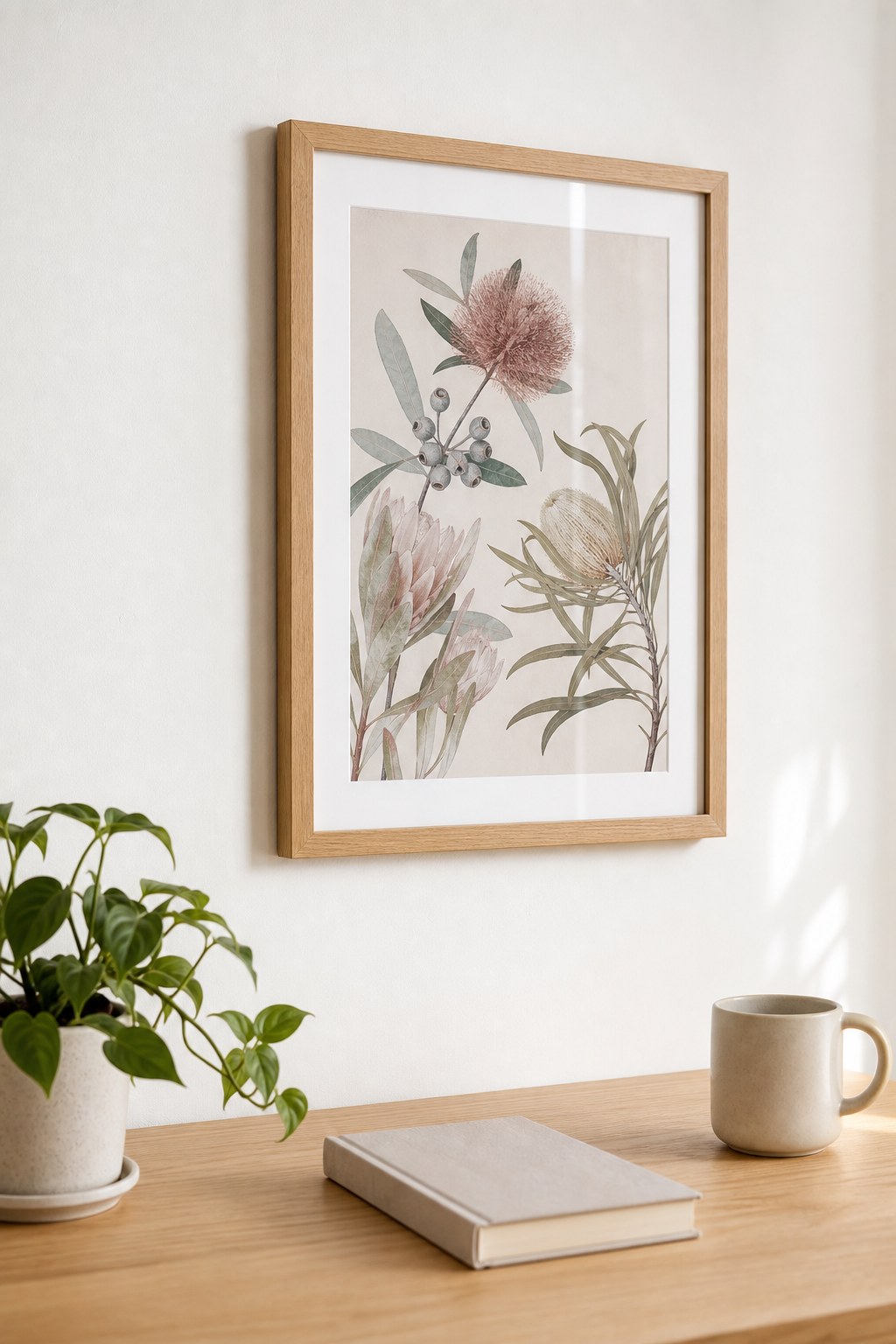 A3 framed print in an oak frame above a timber desk, shown at a gentle angle