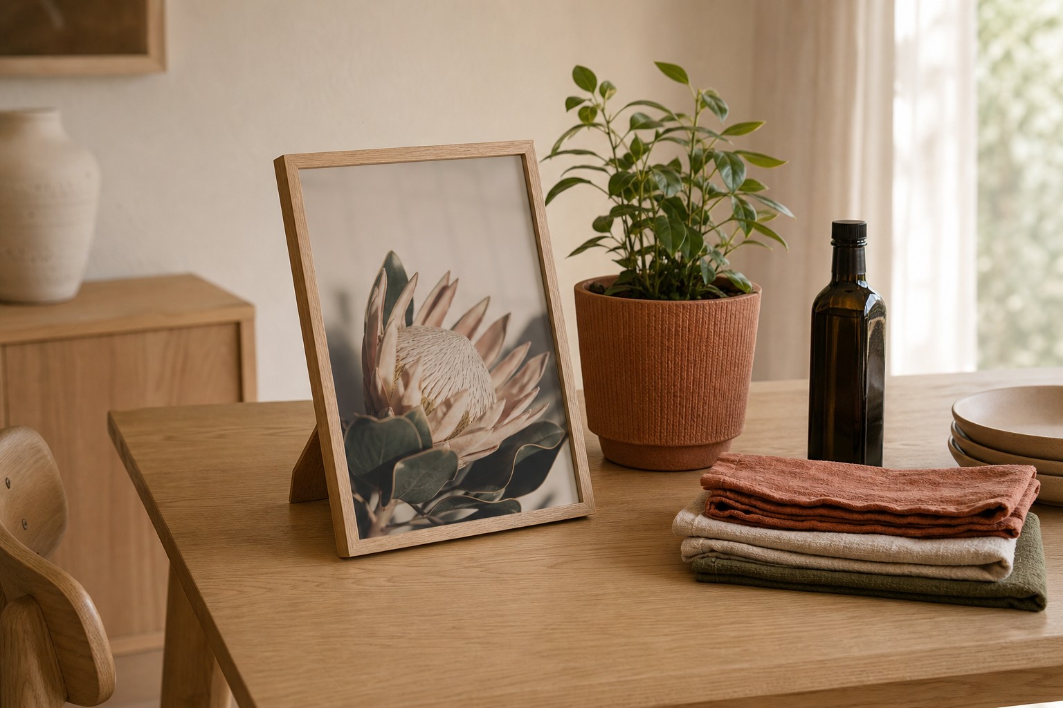 A4 natural oak framed print of a protea standing on its fold-out stand on a timber dining table beside a potted plant, olive oil and folded linen napkins