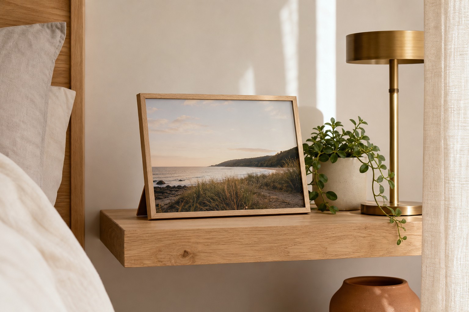 A4 natural oak framed print standing on a bedside shelf beside a small plant and a lamp in a light-filled bedroom