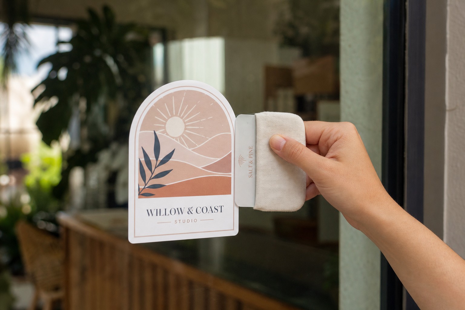 Applying a custom printed vinyl sticker to smooth glass with a cloth-wrapped squeegee