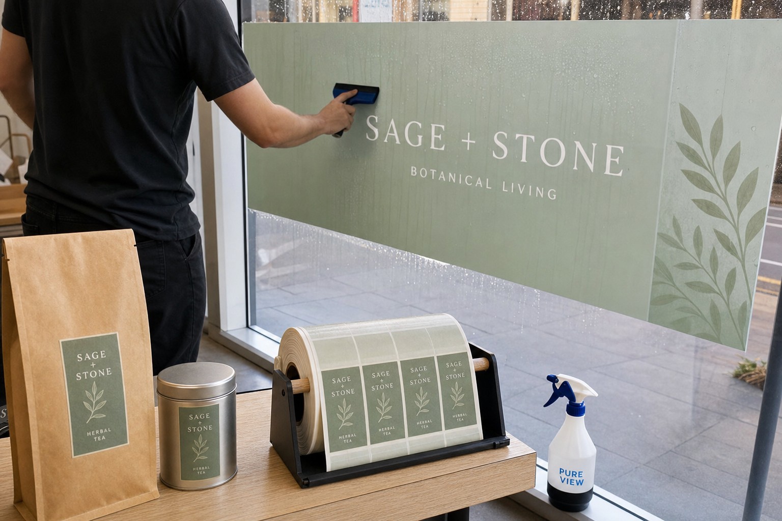 Wide shot of a large custom vinyl shopfront decal being wet-applied to the inside of a glass window