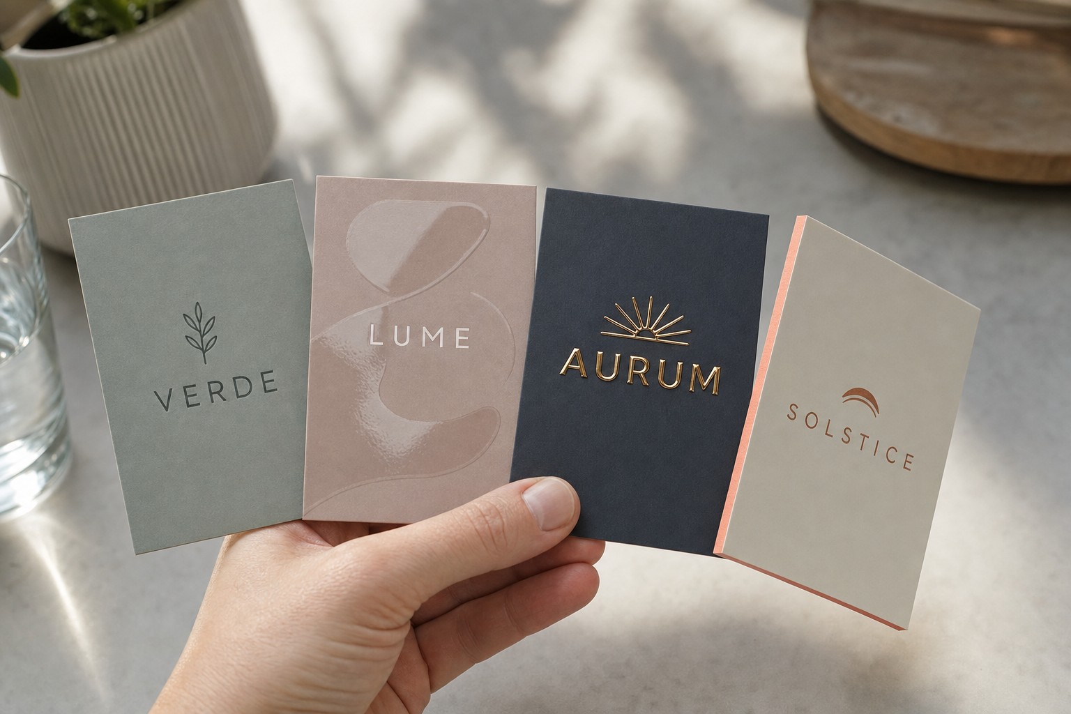 Four business card samples held side by side in a hand