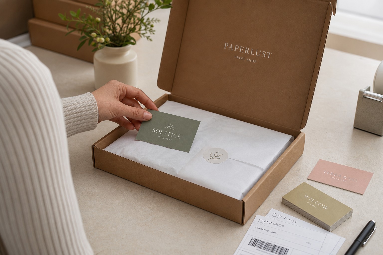 A Paperlust Print Shop order being placed in branded packaging on a packing bench