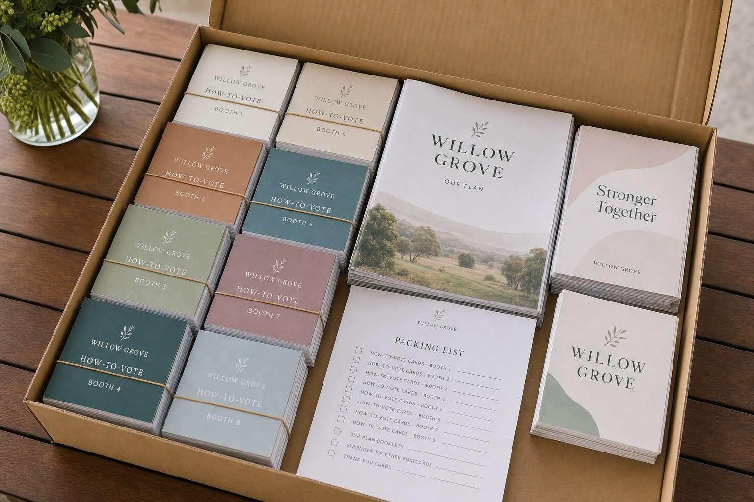 An open box of campaign print materials on a table