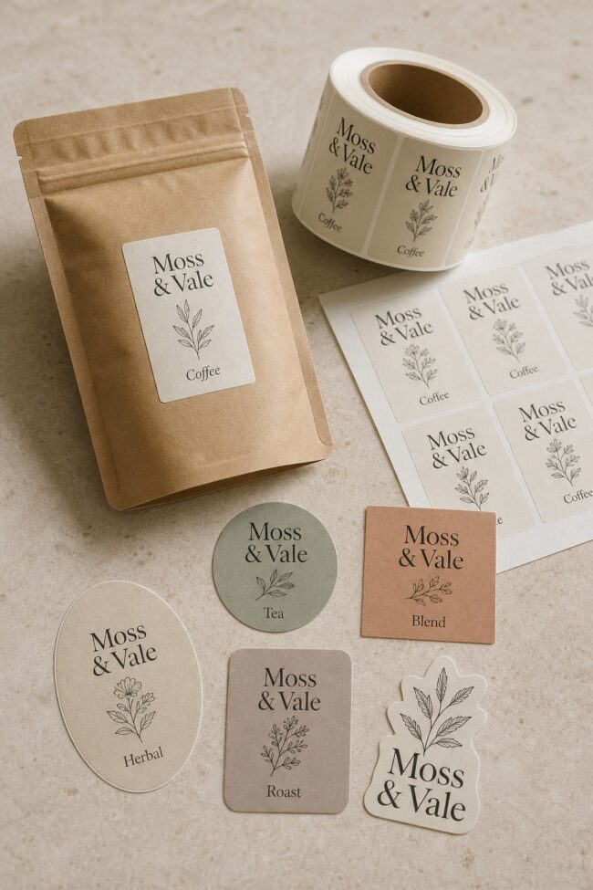 Every label shape in one boutique brand · self-adhesive paper stock · full-colour print · matte finish · rectangle, circle, square, oval, rounded-corner and die-cut