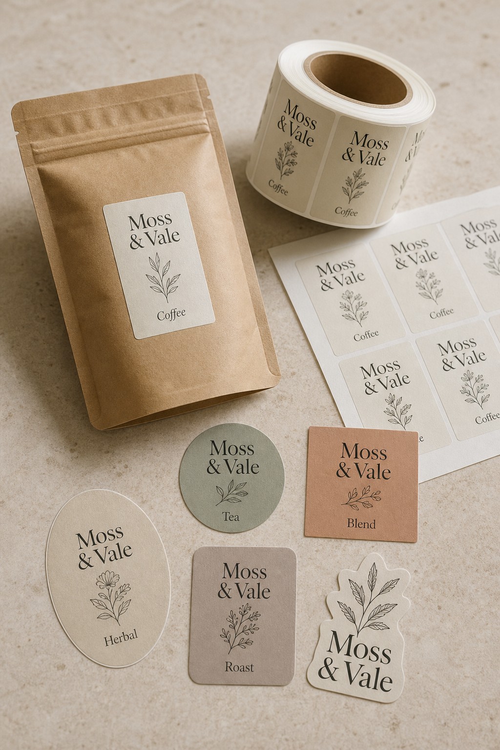Every label shape in one boutique brand · self-adhesive paper stock · full-colour print · matte finish · rectangle, circle, square, oval, rounded-corner and die-cut