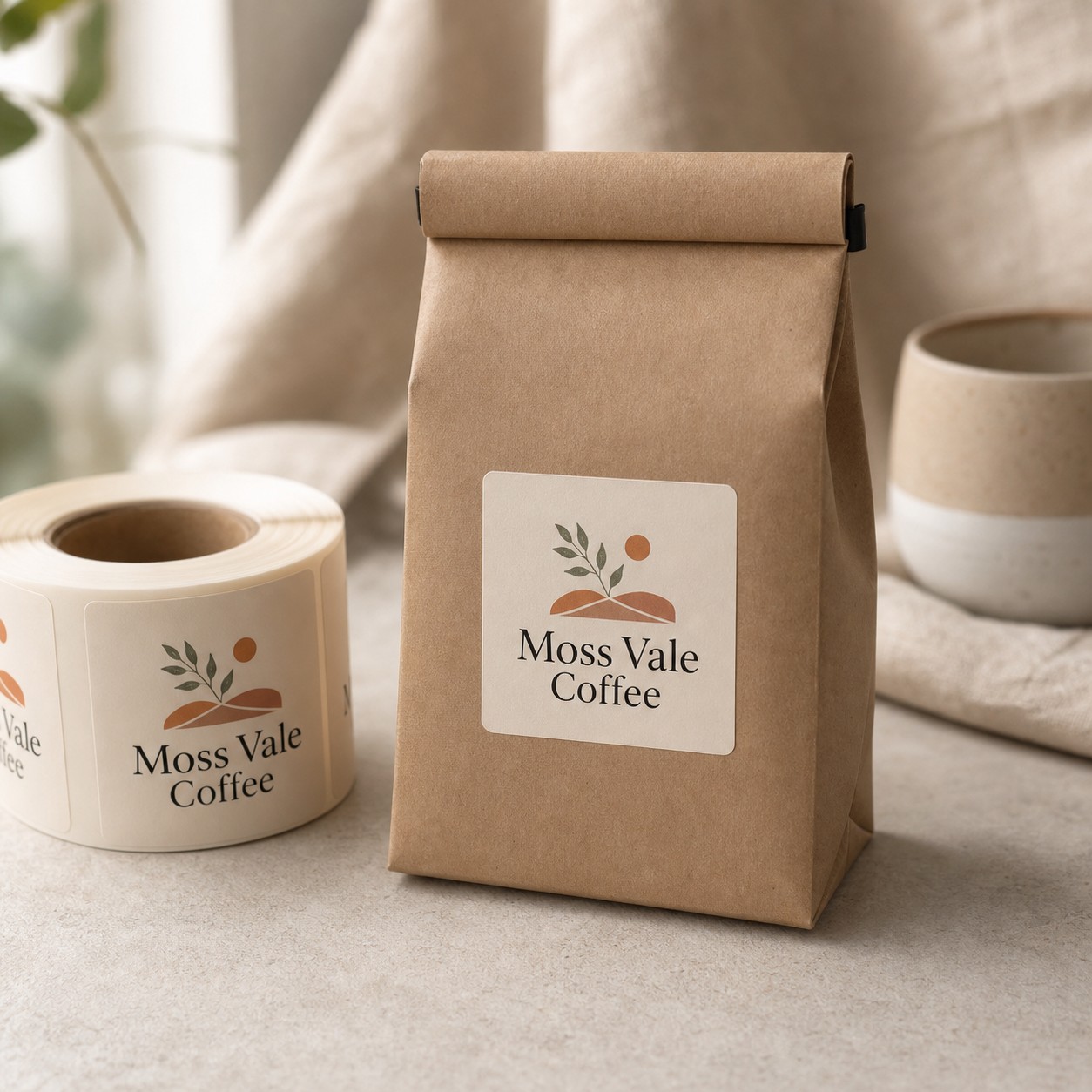 Square label on a kraft coffee bag · self-adhesive paper stock · full-colour print · matte finish · 30mm to 150mm range