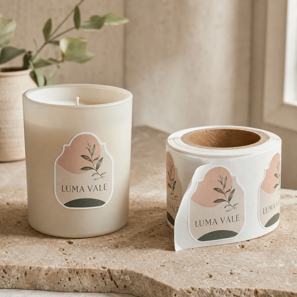 Custom die-cut labels on the roll · self-adhesive paper stock · full-colour print · matte finish · contour-cut to a vector dieline