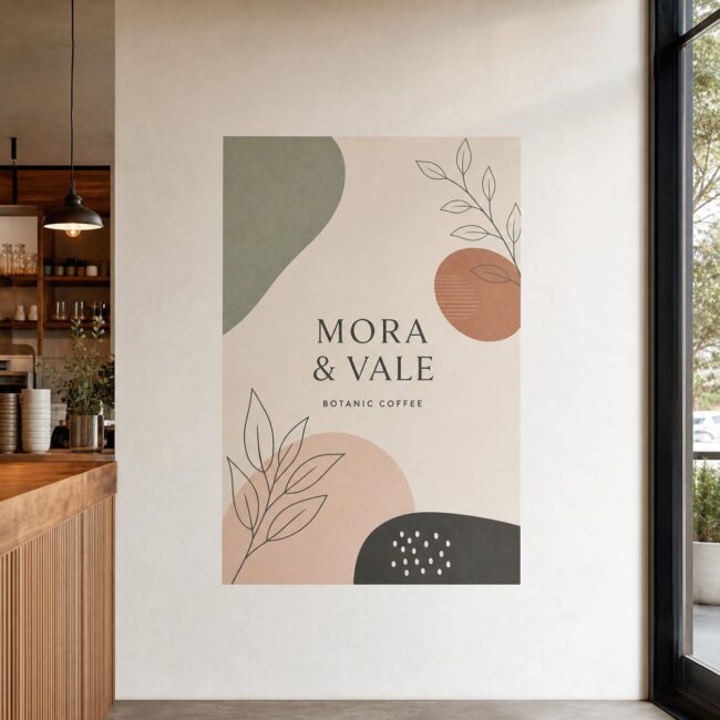 Large-format wall decal in a cafe · weatherproof white vinyl · full-colour eco-solvent print · matte finish