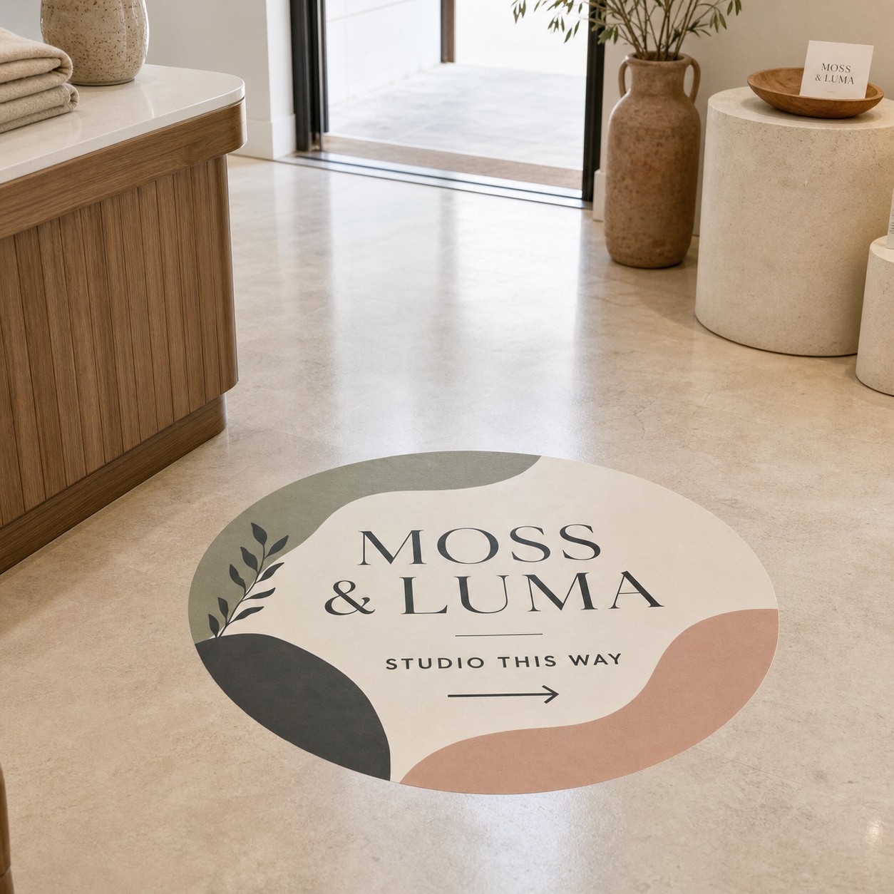 Large-format floor graphic · anti-slip floor vinyl · full-colour eco-solvent print · gloss laminate