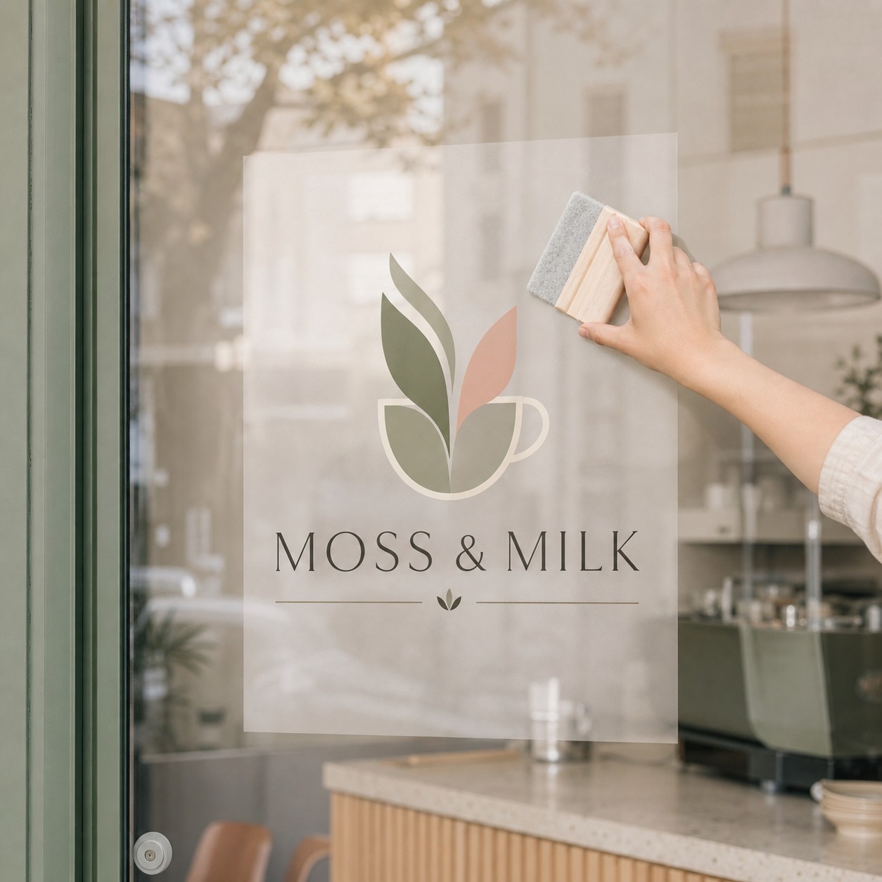 Large-format window decal being installed · clear vinyl film · full-colour eco-solvent print · UV-resistant inks